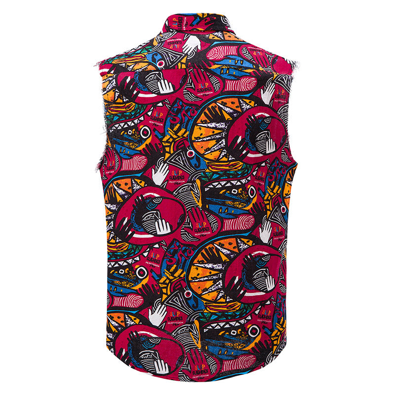 Men Turnover Collar Floral Fabric Sleeveless Shirt