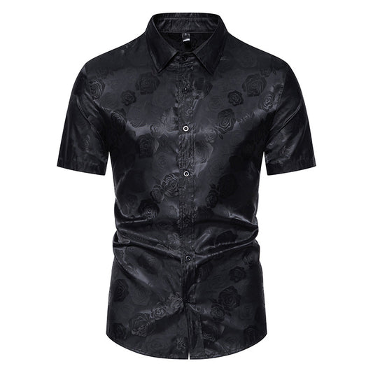 Men Floral Fabric Glossy Turnover Collar Short Sleeves Shirt