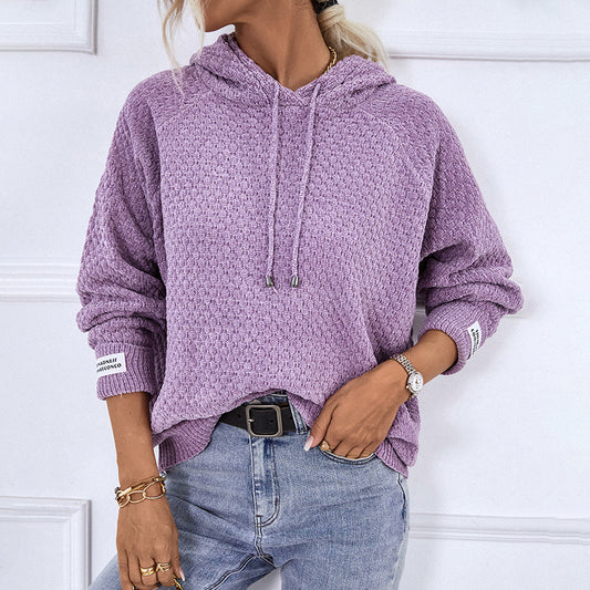 Women Sweaters Kniting Pullover Plain Hoods Drawstring