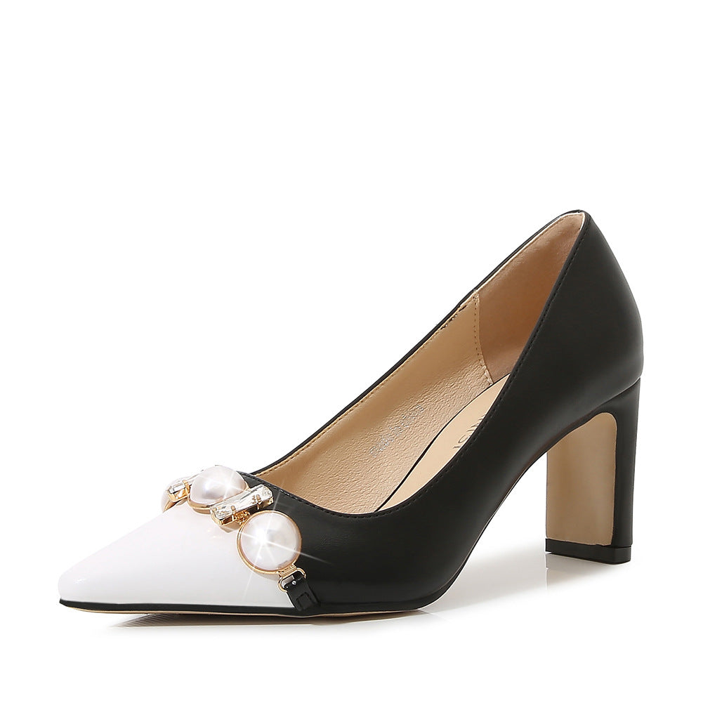 Women's Bicolor Pearls Pointed Toe Shallow Chunky Heel Pumps