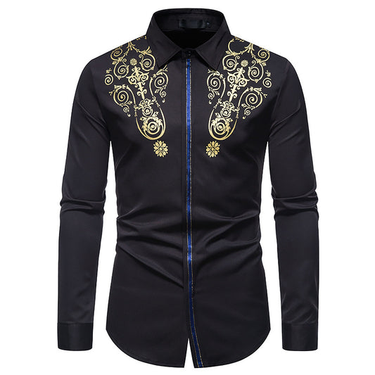 Men Turnover Collar Glossy Prints Long Sleeves Shirt