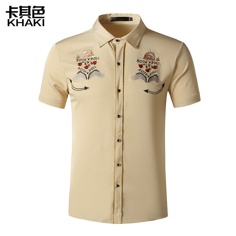 Men Turnover Collar Embroidery Wings Short Sleeves Shirt