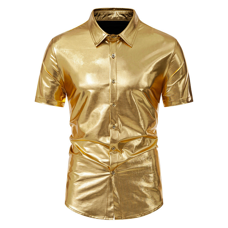 Men Glossy Turnover Collar Short Sleeves Shirt