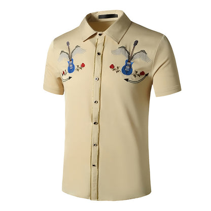 Men Turnover Collar Embroidery Wings Cowboy Short Sleeves Shirt