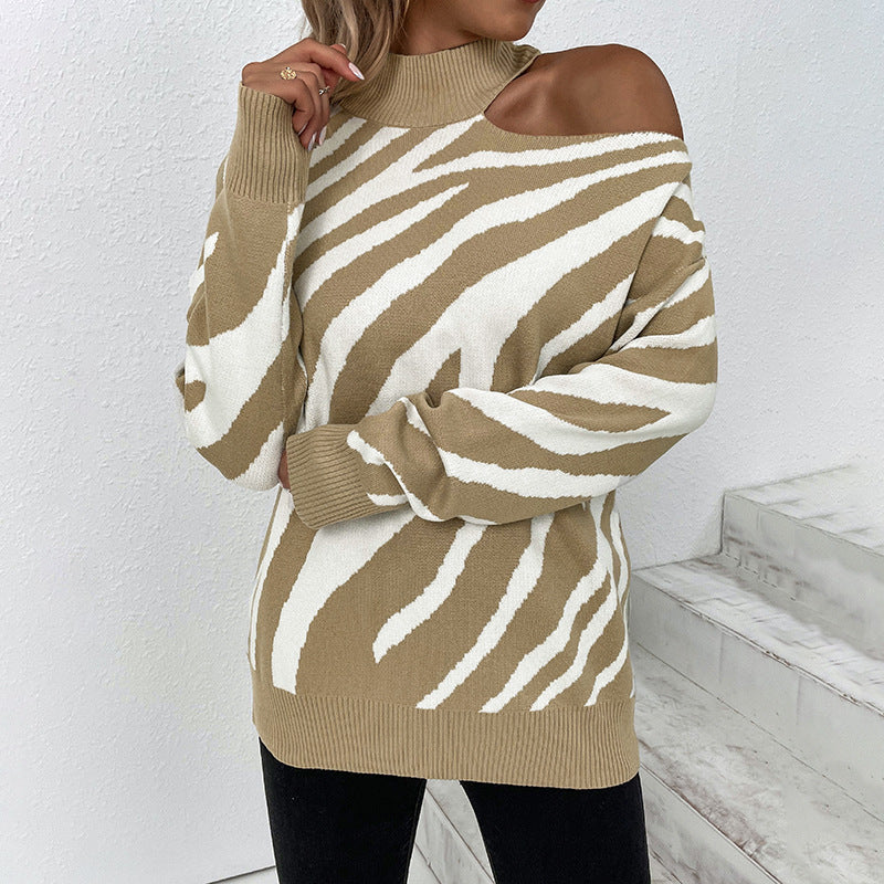 Women Sweaters Kniting High Collar Pullover Bicolor Tiger Off Shoulder Long Sleeve