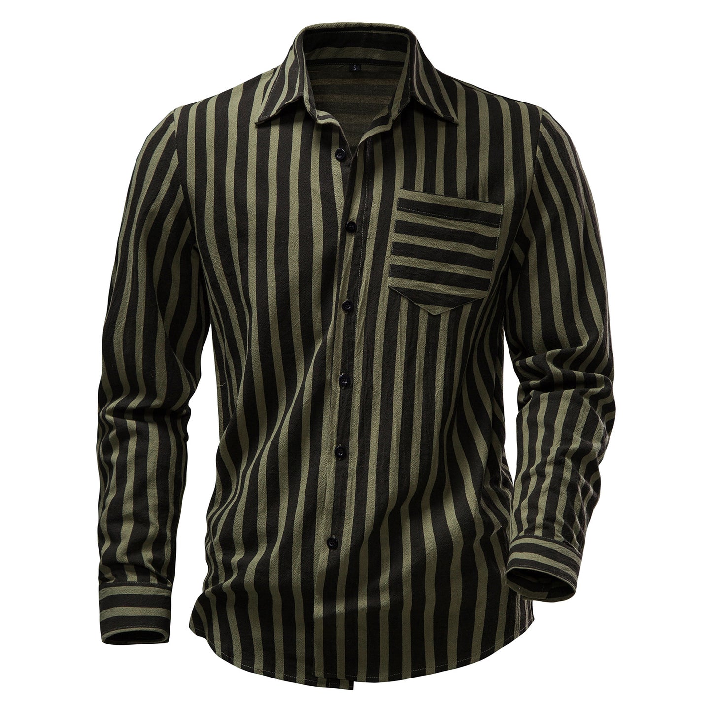 Men Turnover Collar Pockets Stripes Long Sleeves Shirt