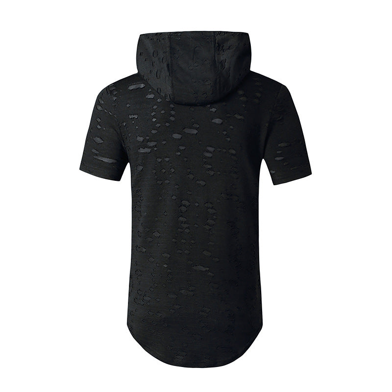 Men Holes Short Sleeves Stripes Hoody T-Shirt