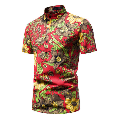 Men Turtleneck Floral Fabric Prints Short Sleeves Shirt