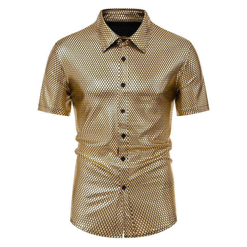 Men Turnover Collar Rhomboid Lattice Glossy Short Sleeves Shirt