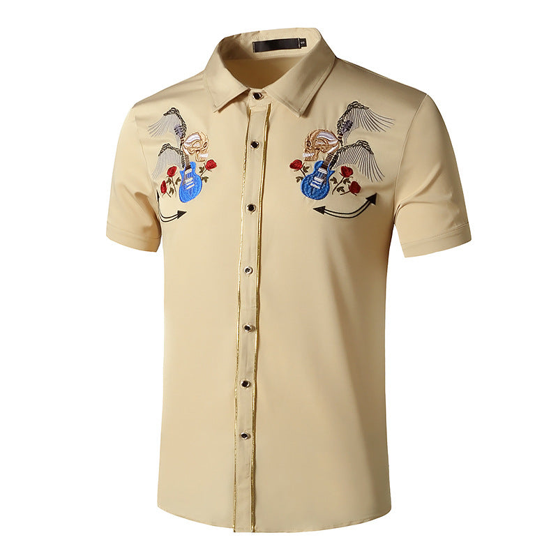 Men Turnover Collar Embroidery Skeleton Short Sleeves Shirt