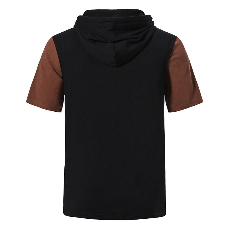 Men Patchwork Pockets Short Sleeves Drawstring Hoody T-Shirt