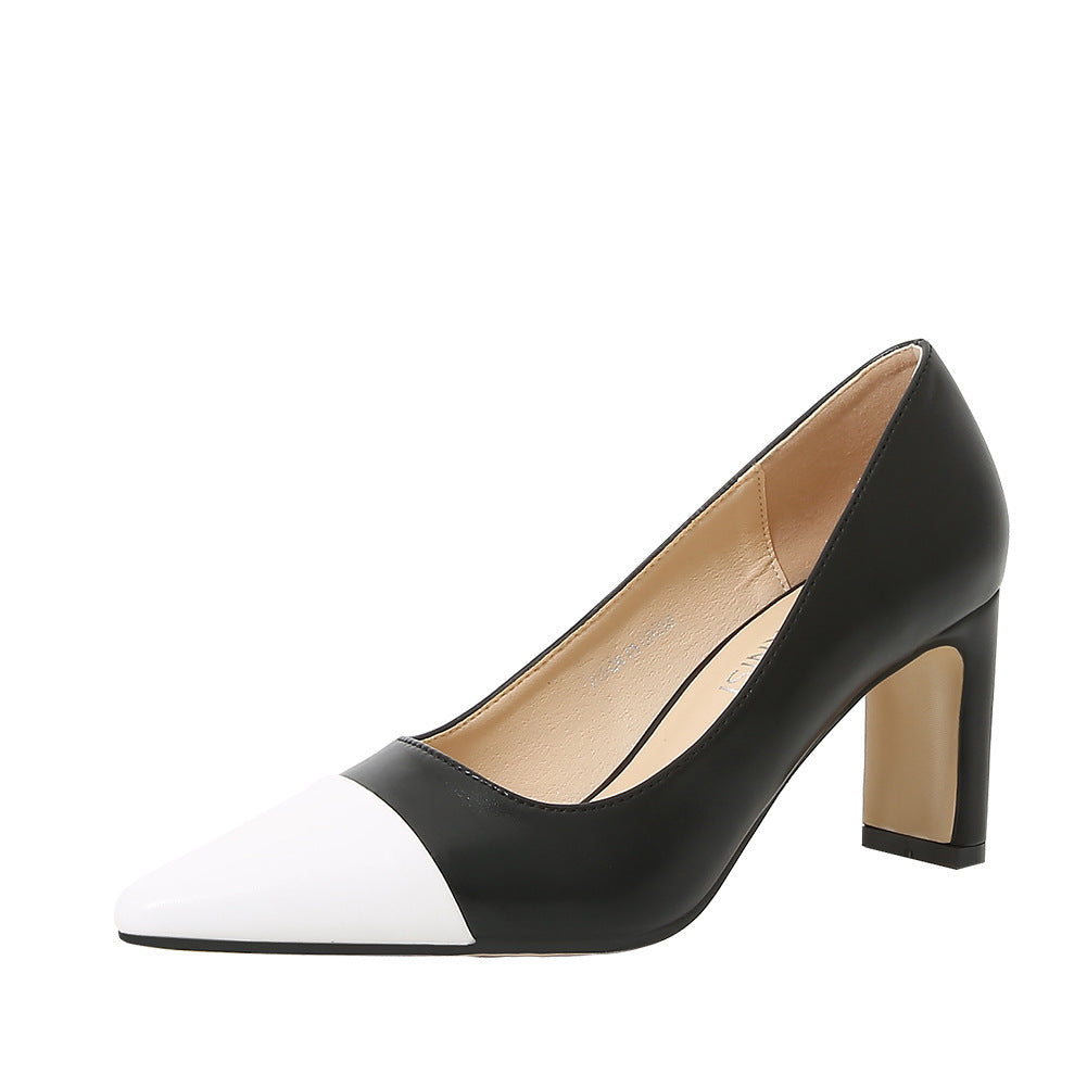 Women's Bicolor Pointed Toe Shallow Chunky Heel Pumps