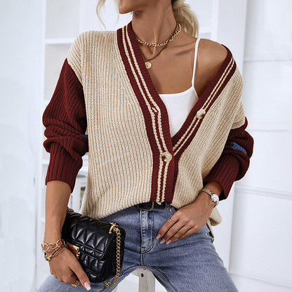 Women's Cardigans Kniting Bicolor Stripes Buttons