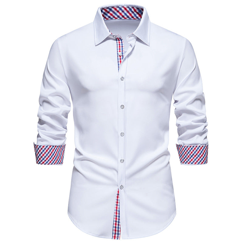 Men Turnover Collar Bicolor Lattice Long Sleeves Shirt