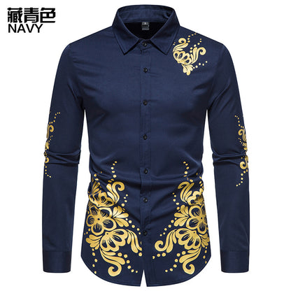 Men Turnover Collar Flowers Long Sleeves Shirt