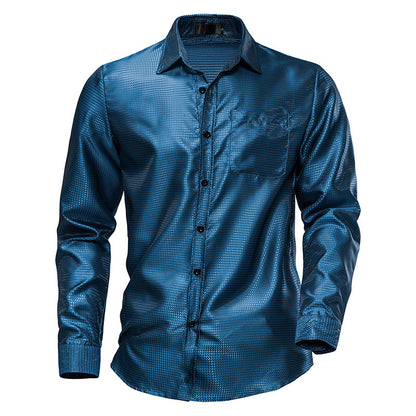 Men Turnover Collar Glossy Long Sleeves Shirt