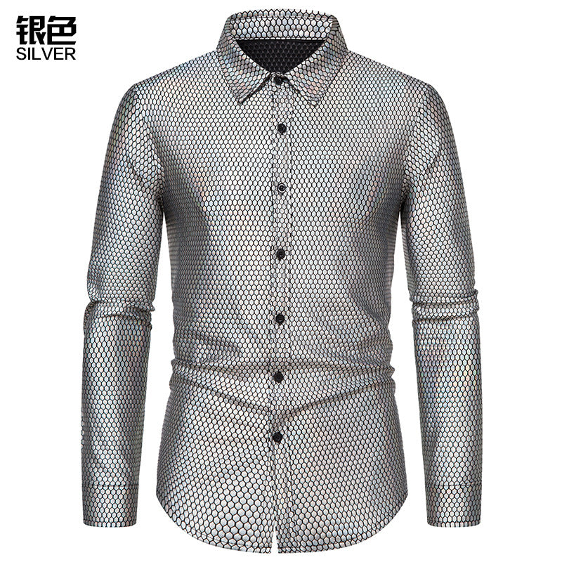 Men Turnover Collar Lattice Glossy Long Sleeves Shirt