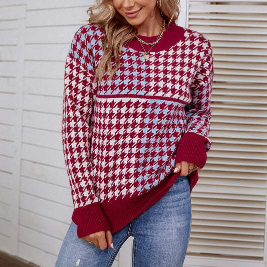 Women Sweaters Kniting Round Collar Pullover Bicolor Lattice Long Sleeve