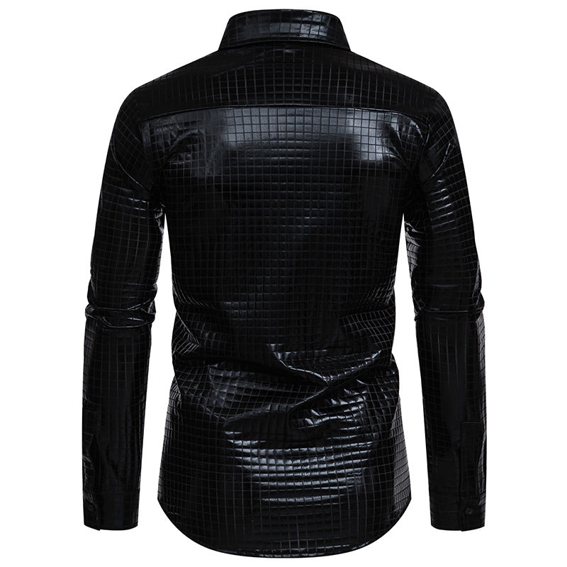 Men Turnover Collar Lattice Glossy Long Sleeves Shirt