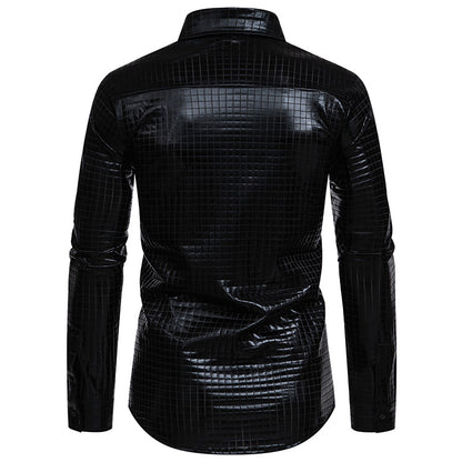 Men Turnover Collar Lattice Glossy Long Sleeves Shirt