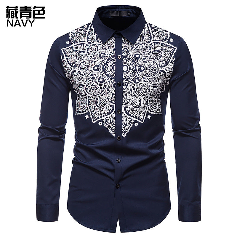 Men Turnover Collar Embroidery Floral Fabric Long Sleeves Shirt