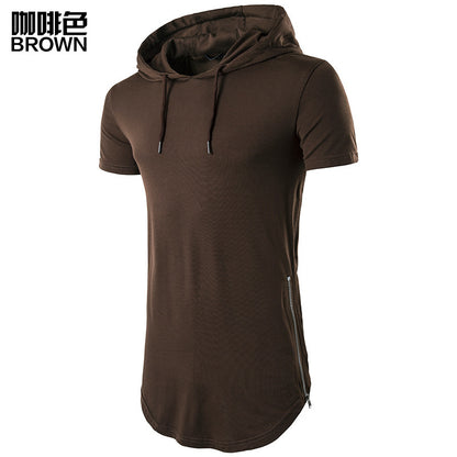 Men Short Sleeves Drawstring Hoody Long T-Shirt