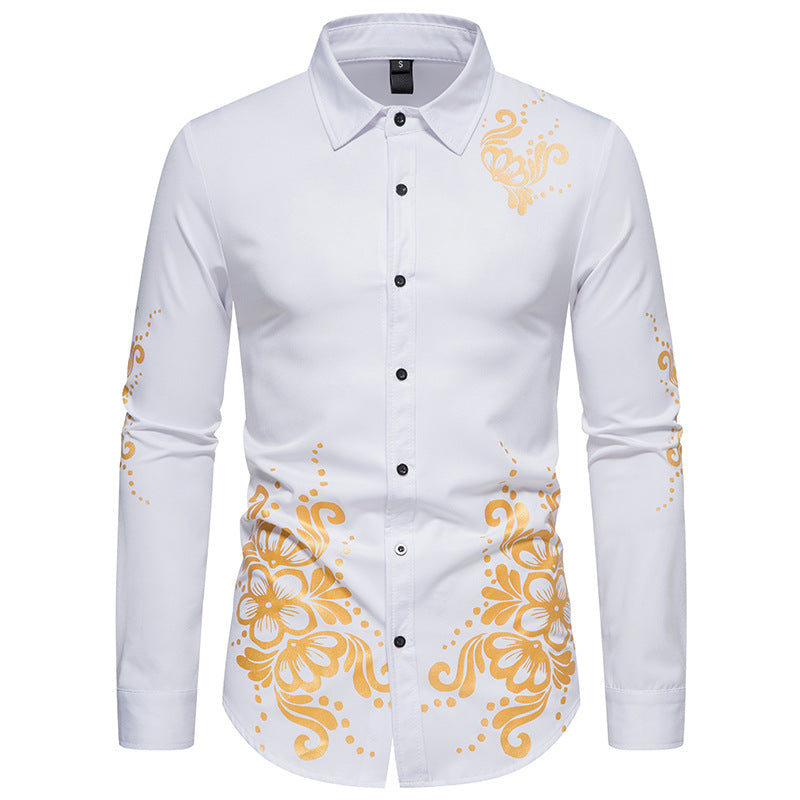 Men Turnover Collar Flowers Long Sleeves Shirt