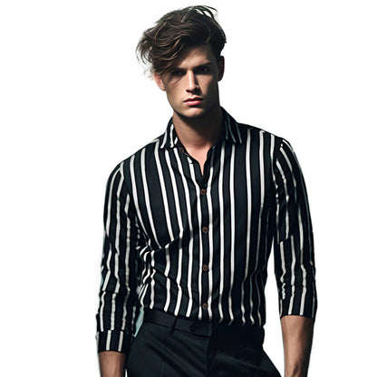 Men Turnover Collar Stripes Long Sleeves Shirt