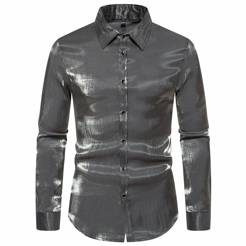 Men Turnover Collar Glossy Long Sleeves Shirt