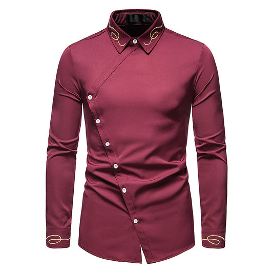 Men Embroidery Turnover Collar Asymmetry Long Sleeves Shirt