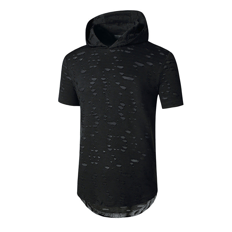 Men Holes Short Sleeves Stripes Hoody T-Shirt