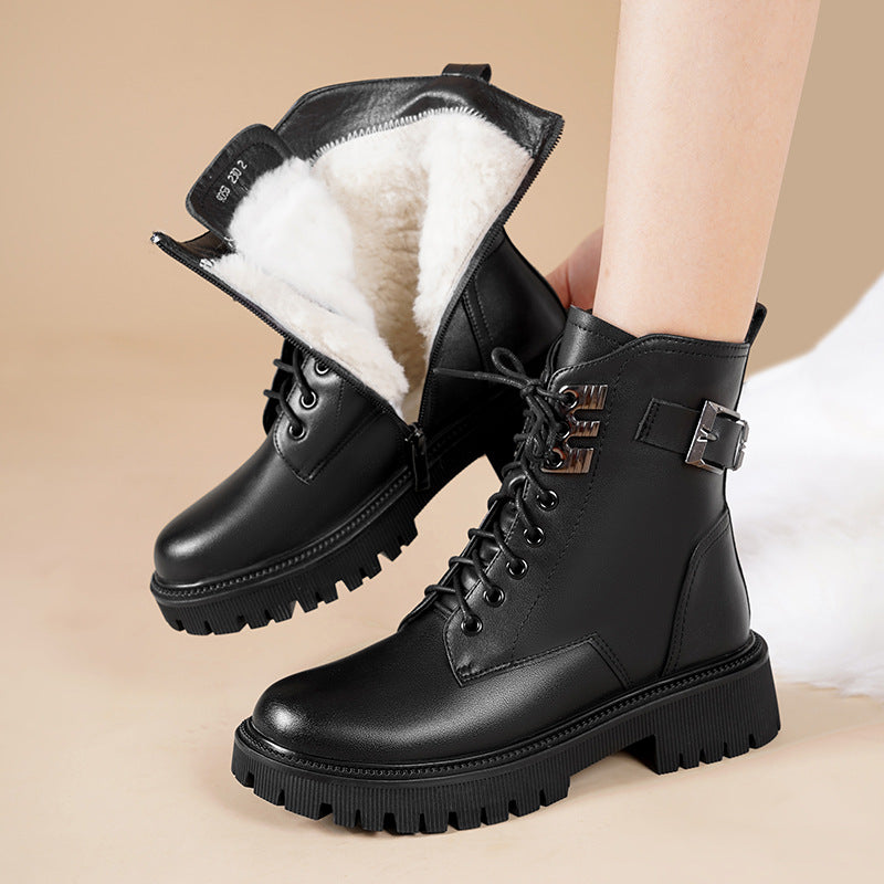 Women's Ankle Boots Warm Fluff Lace-Up Thick Sole Booties