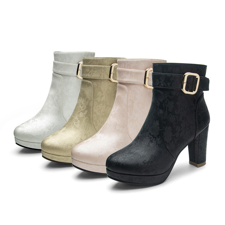 Women's Round Toe Platform Chunky High Heel Ankle Boots