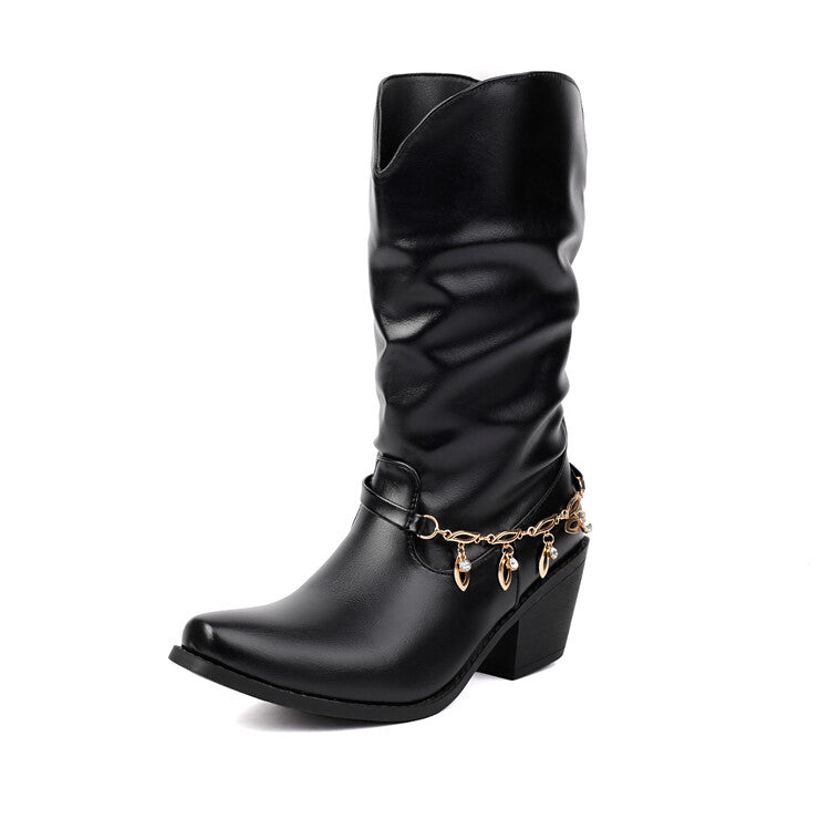 Women's Chains Pointed Toe Mid-Calf Western Boots