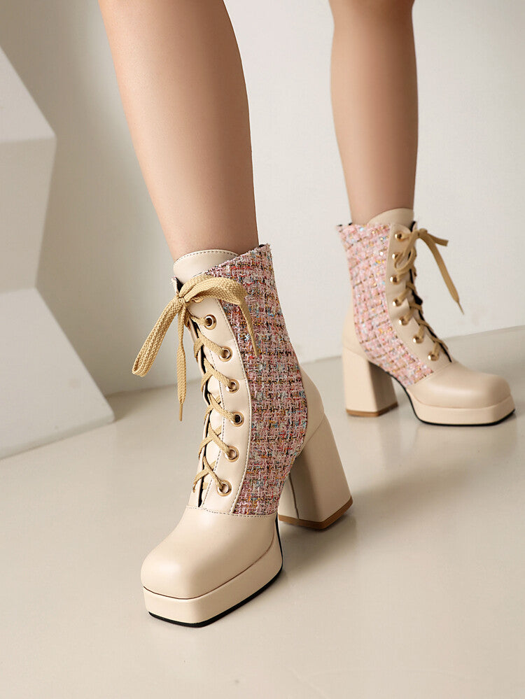 Women's Square Toe Lace-up Platform High Heel Ankle Boots