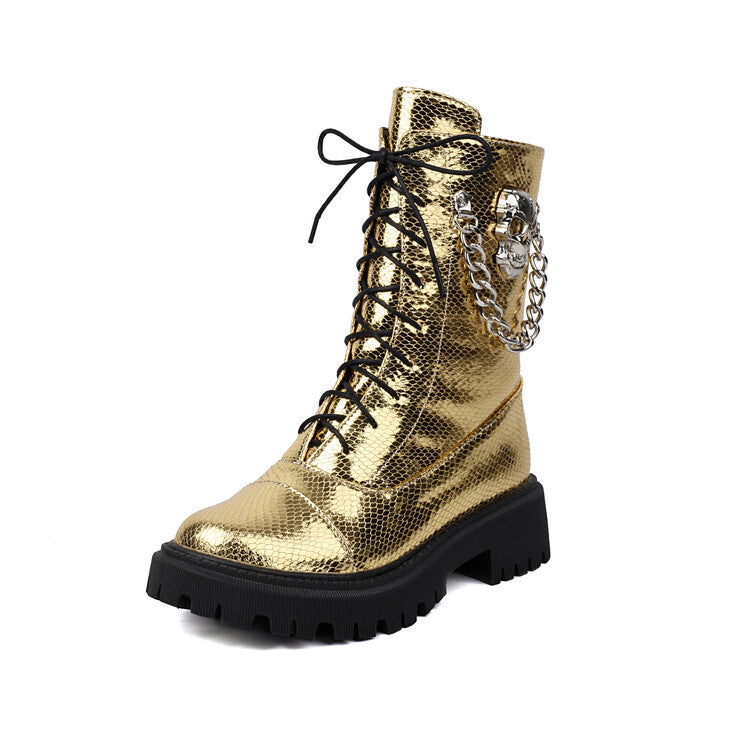 Women's Glossy Chains Round Toe Flat Platform Short Boots