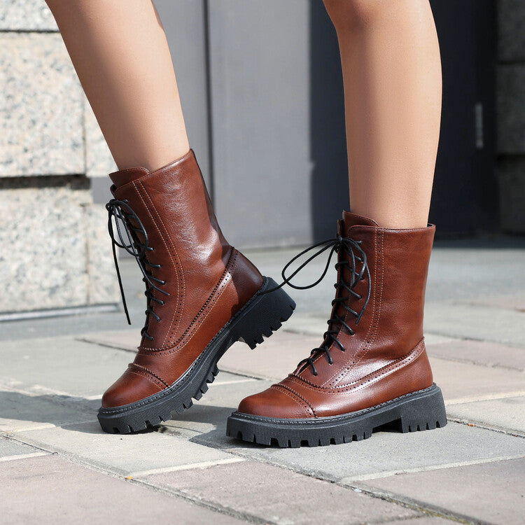 Women's Lace-Up Round Toe Flat Platform Short Boots