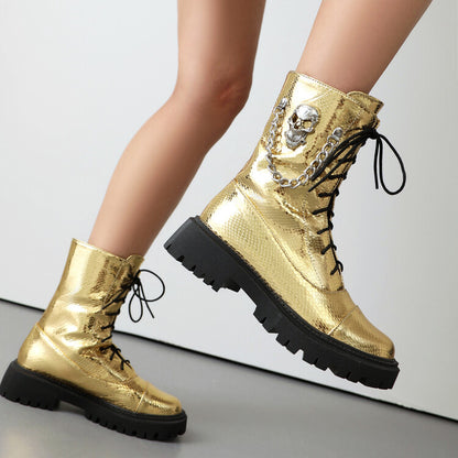 Women's Glossy Chains Round Toe Flat Platform Short Boots