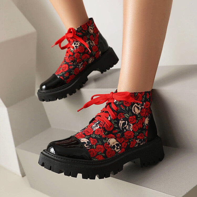 Women's Flowers Printed Lace-Up Round Toe Flat Platform Ankle Boots