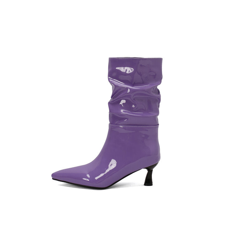 Women's Patent Leather Pointed Toe Pleated Mid-Calf Boots