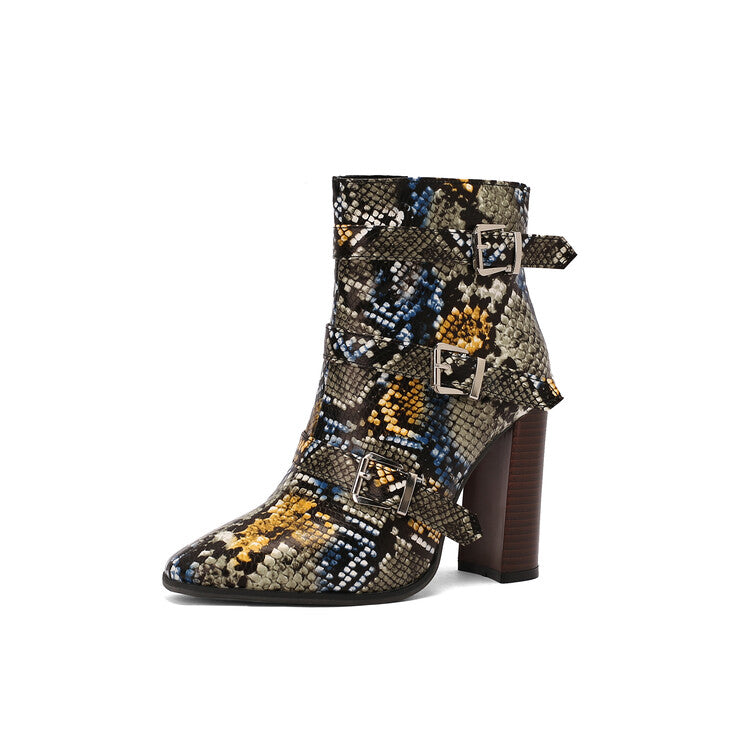 Women's Snake Pattern Buckle Strap Pointed Toe Square Heel Short Boots