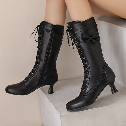 Women's Bows Round Toe Hoof Heel Mid Calf Boots