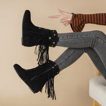 Women's Tassel Round Toe Increased Internal Mid Calf Boots