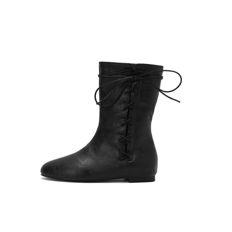 Women'S Lace-Up Round Toe Flat Mid Calf Boots