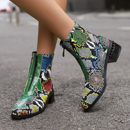 Women's Snake Print Pointed Toe Square Heel Ankle Boots