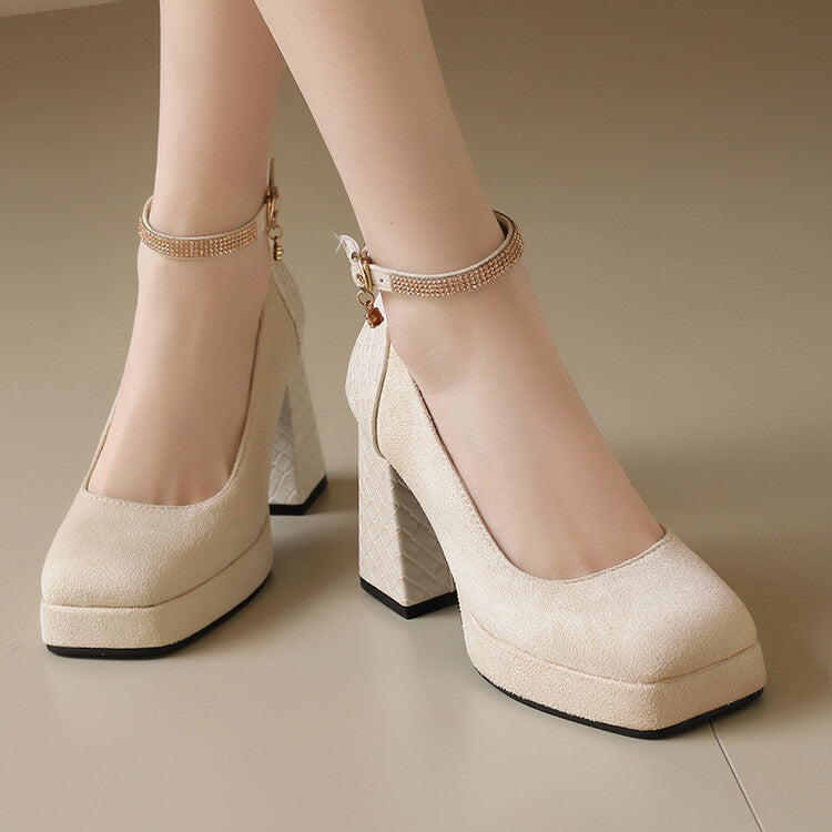 Women's Ankle Strap Square Toe High Heel Platform Pumps