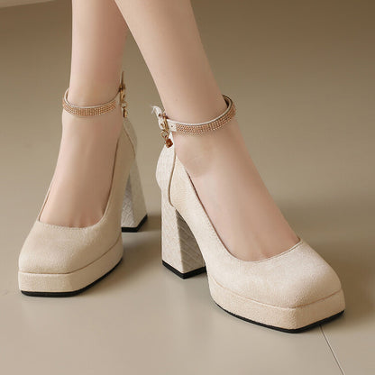 Women's Ankle Strap Square Toe High Heel Platform Pumps