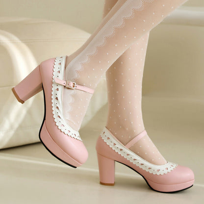 Women's Round Toe Mary Jane High Heel Platform Pumps