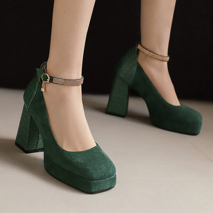 Women's Ankle Strap Square Toe High Heel Platform Pumps