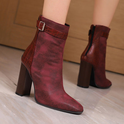 Women's Snake Pattern Pointed Toe Buckle Heel Short Boots